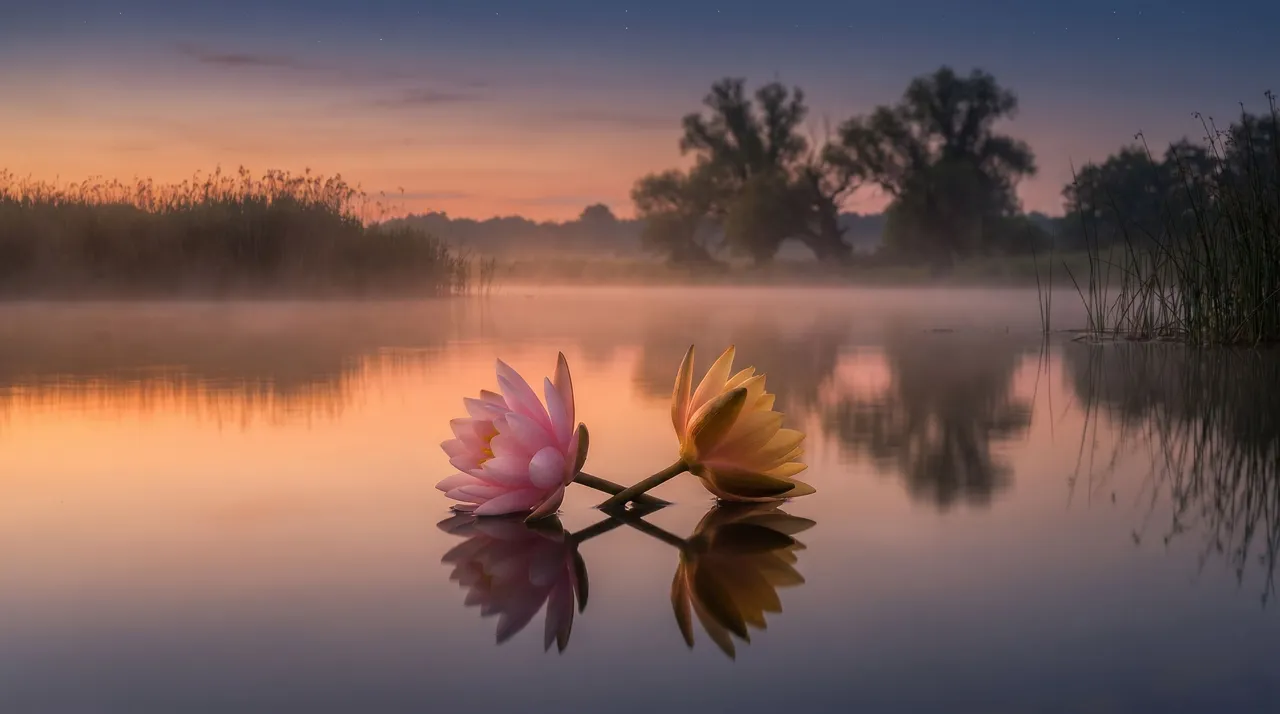 ความรัก — ดอกบัวสองดอกสะท้อนในแสงสนธยา